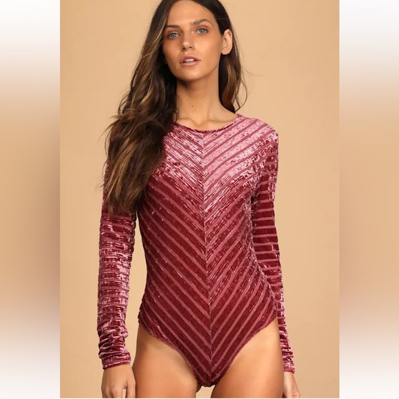 Lulus Save The Date Dusty Pink Velvet Striped Long Sleeve Bodysuit - Size S - Picture 5 of 13